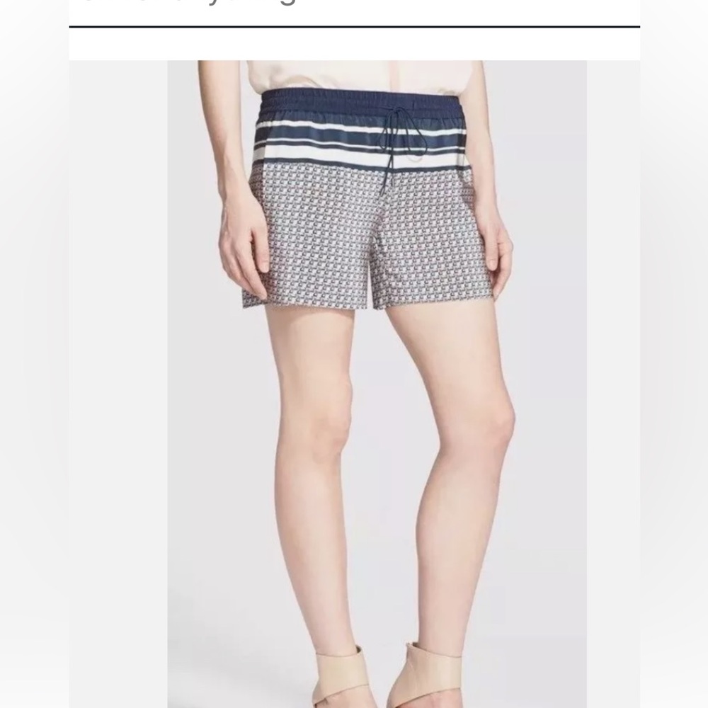 Vince Border Print Coastal Navy Blue Tie-Front Silk Shorts - Size L L6041